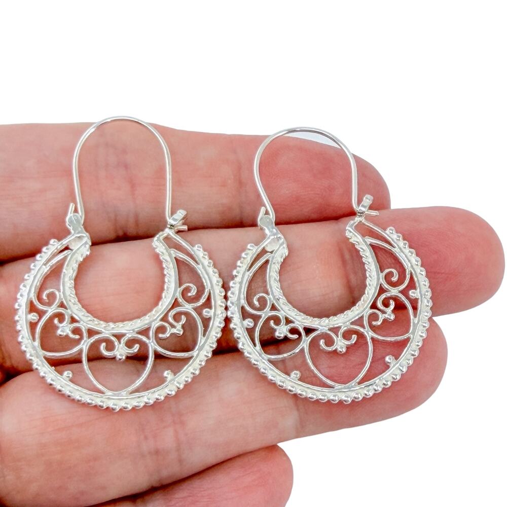 Vintage Sterling Silver 925 Filigree Hoop Earrings